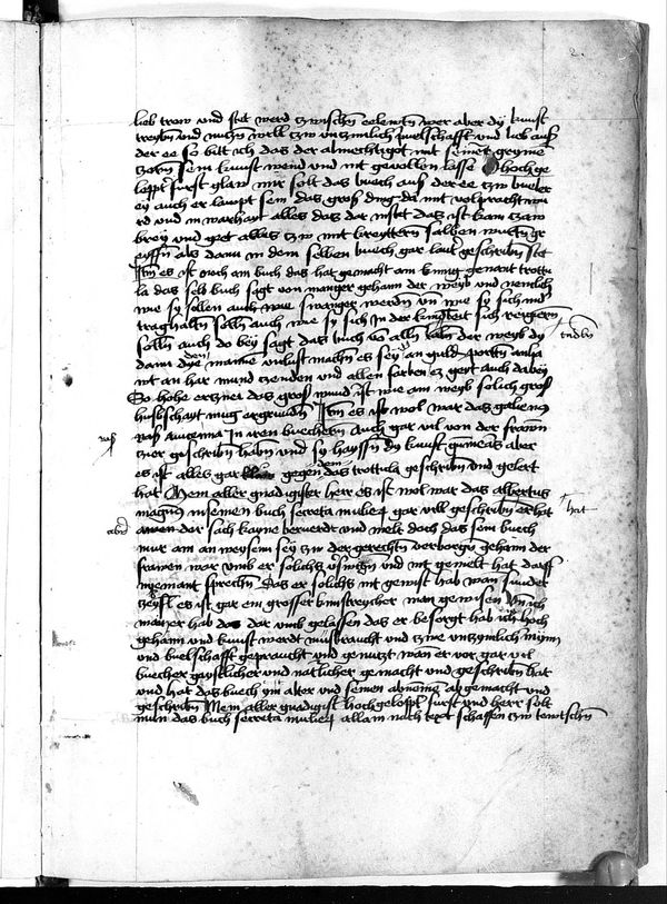 München, BSB, Cgm 261, early folio. Text-only vernacular MHG cursive working manuscript, gynecological / obstetric content; no illustrations, no calligraphic title page; foliation visible upper-right.